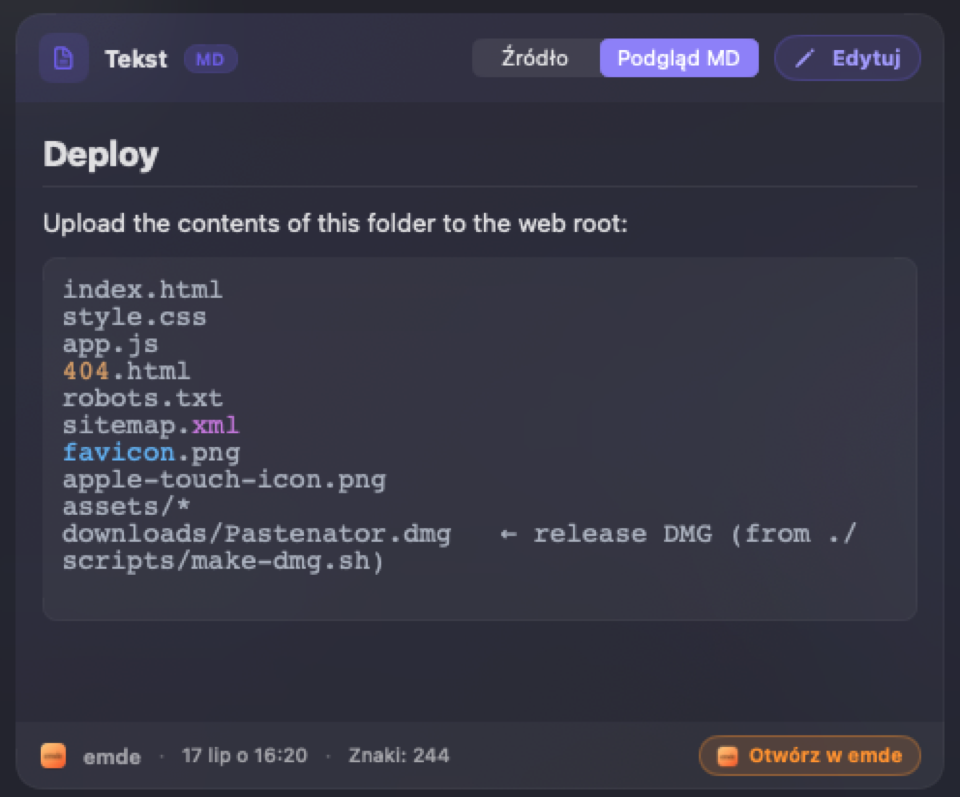 Pastenator Markdown preview with Open in emde